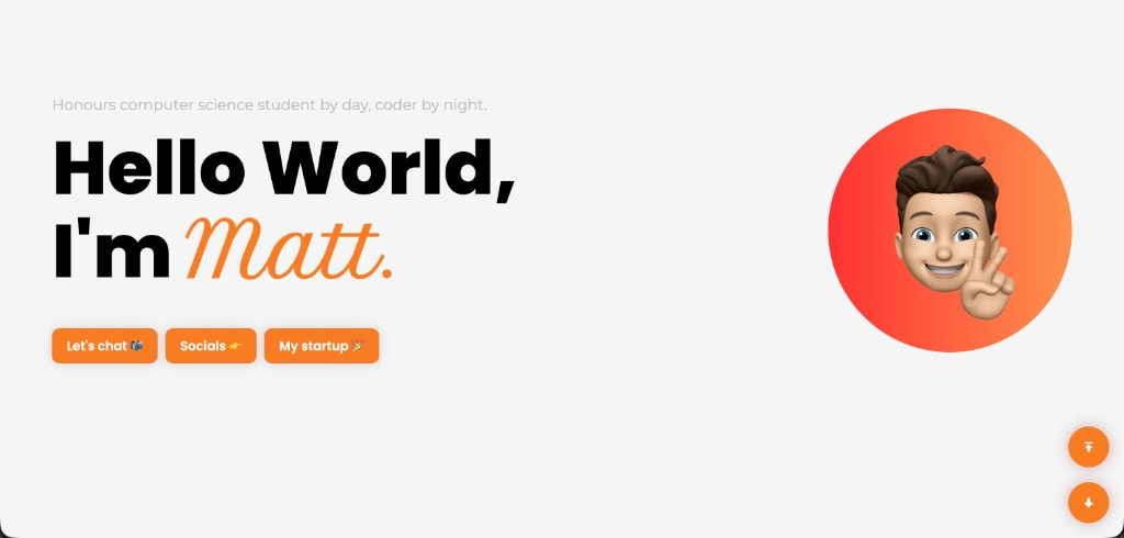 v1 portfolio — orange Hello World hero with Memoji